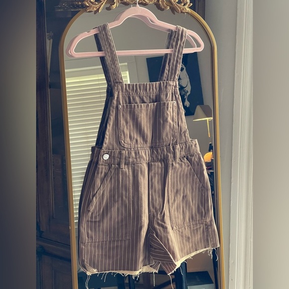 NWT WEWOREWHAT 100% Cotton Brown Striped Sleeveless Romper Short Overalls - Picture 1 of 5